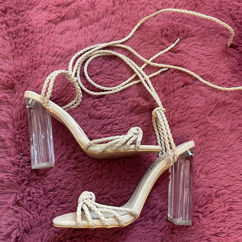 Tan/ clear braided heels